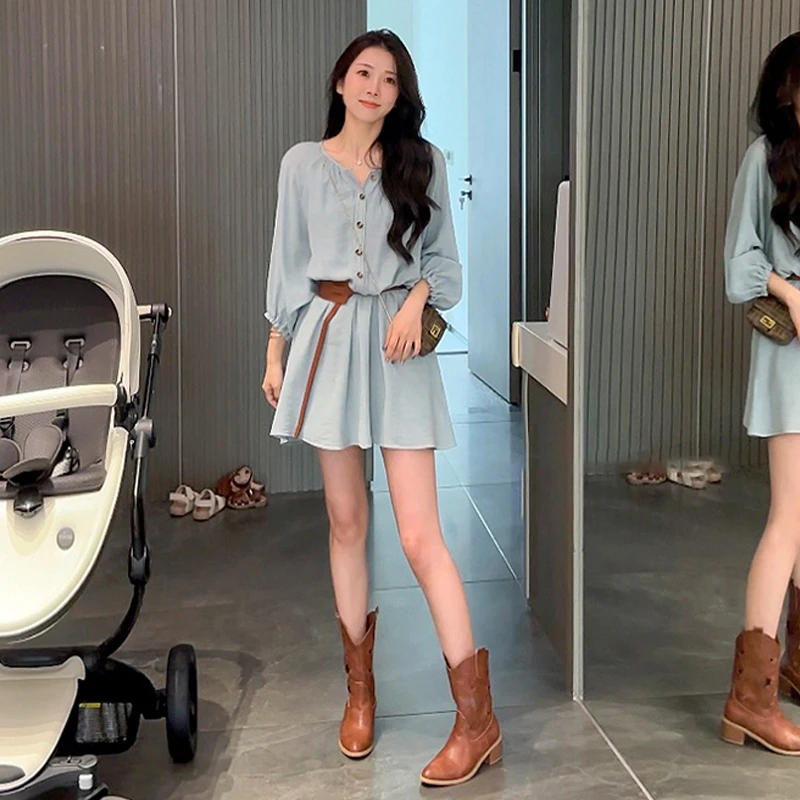 4316度假风蓝色连衣裙女夏季漂亮独特显瘦遮肉裙子设计感小众长裙