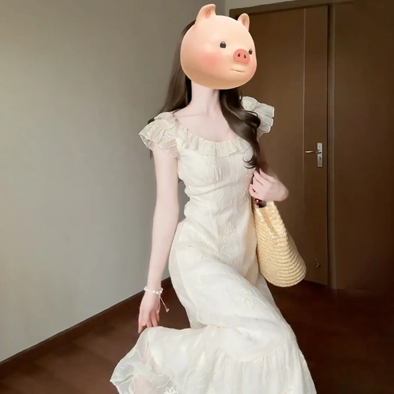 法式温柔风荷叶边连衣裙子女装2024新款夏装超好看高级感长裙2436