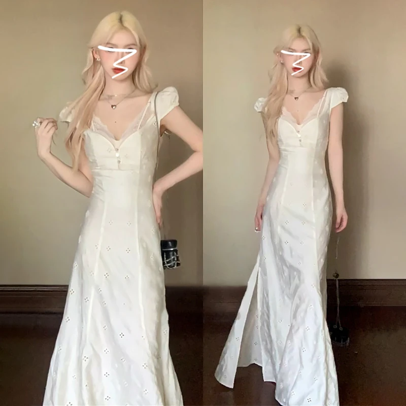 法式复古长裙女夏季2024新款收腰显瘦镂空重工刺绣V领连衣裙2289