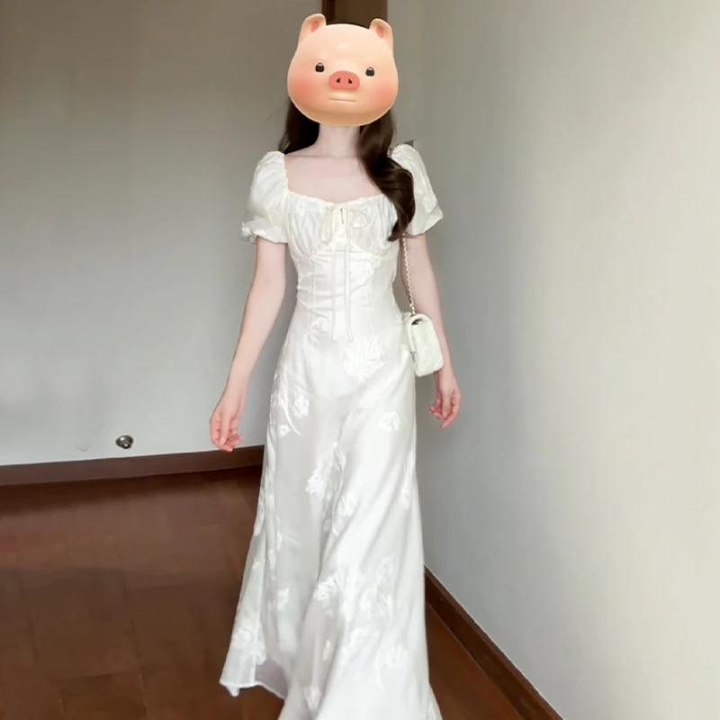 2944一字肩泡泡袖连衣裙子女夏季2024新款法式气质超好看显瘦长裙