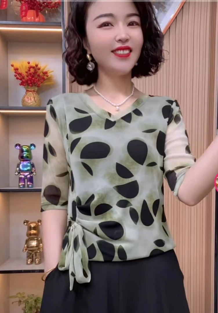 夏季妈妈装中袖时尚洋气休闲百搭弹力小衫显瘦打底衫女士上衣