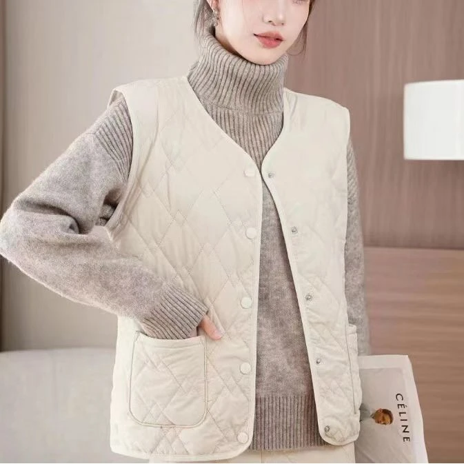 女士马甲洪2024菱形格夹棉加厚马夹棉服秋冬保暖时尚休闲