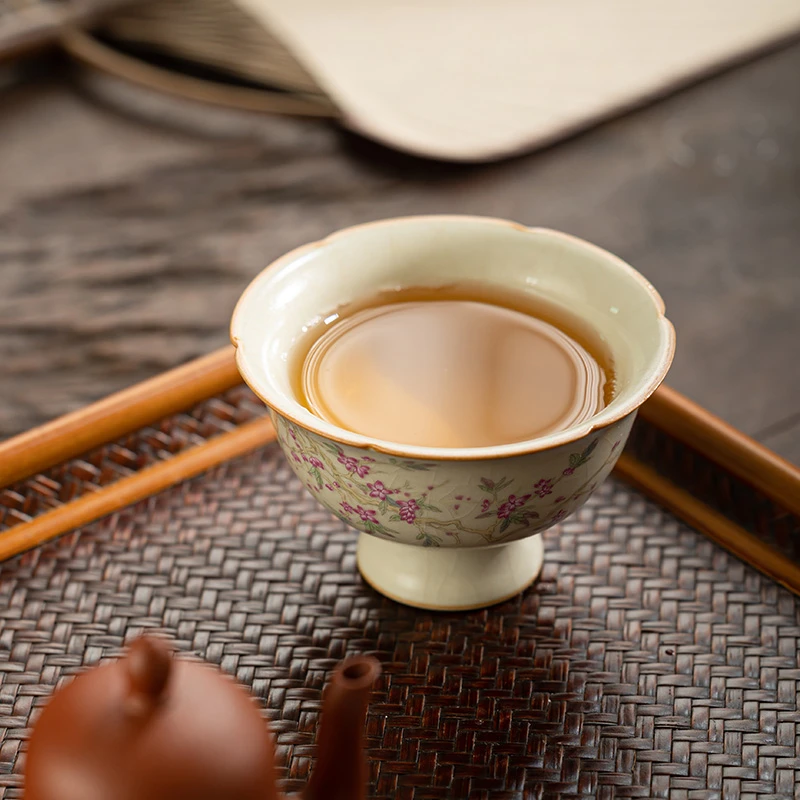 【桃花高足花口主人杯】米黄汝窑桃花主人杯中式复古茶杯高档主人