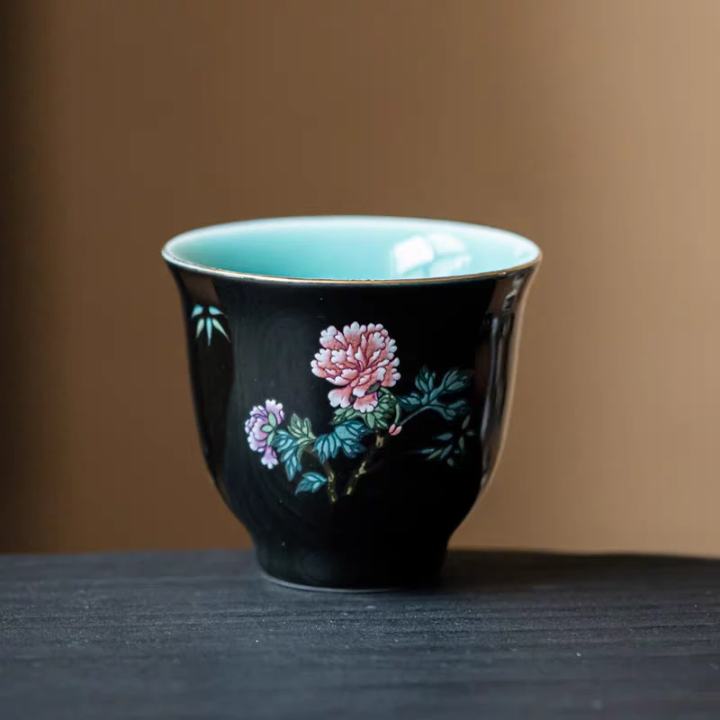 松石绿黑金万花铃铛杯陶瓷主人杯中式品茗杯客杯功夫茶具女士杯