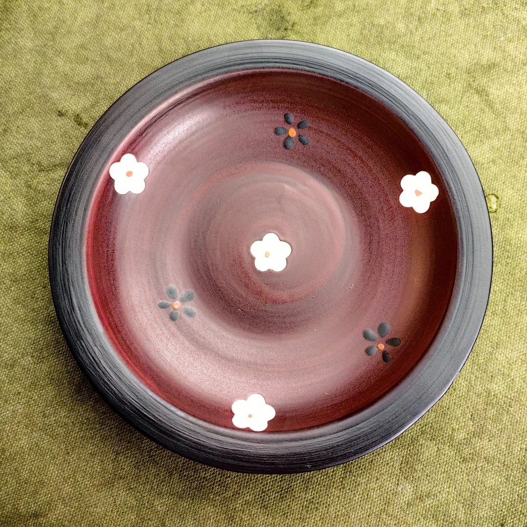 粉引手绘朱樱红小高脚壶承雕刻小花茶点盘果盘点心碟