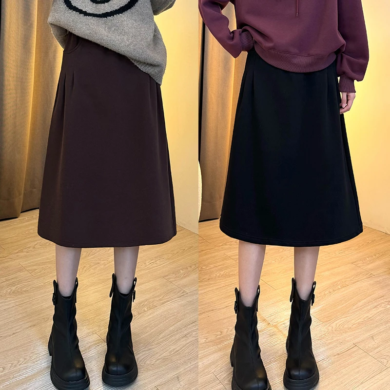 加绒加厚显瘦半身裙大码秋冬高腰百搭黑色时尚中长款宽松韩版裙子