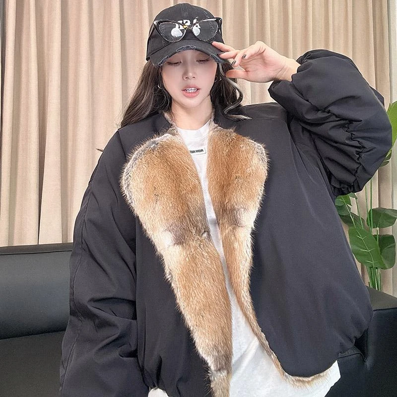 2025新款休闲撞色水貂毛领女短时尚设计感外套时尚百搭设计感