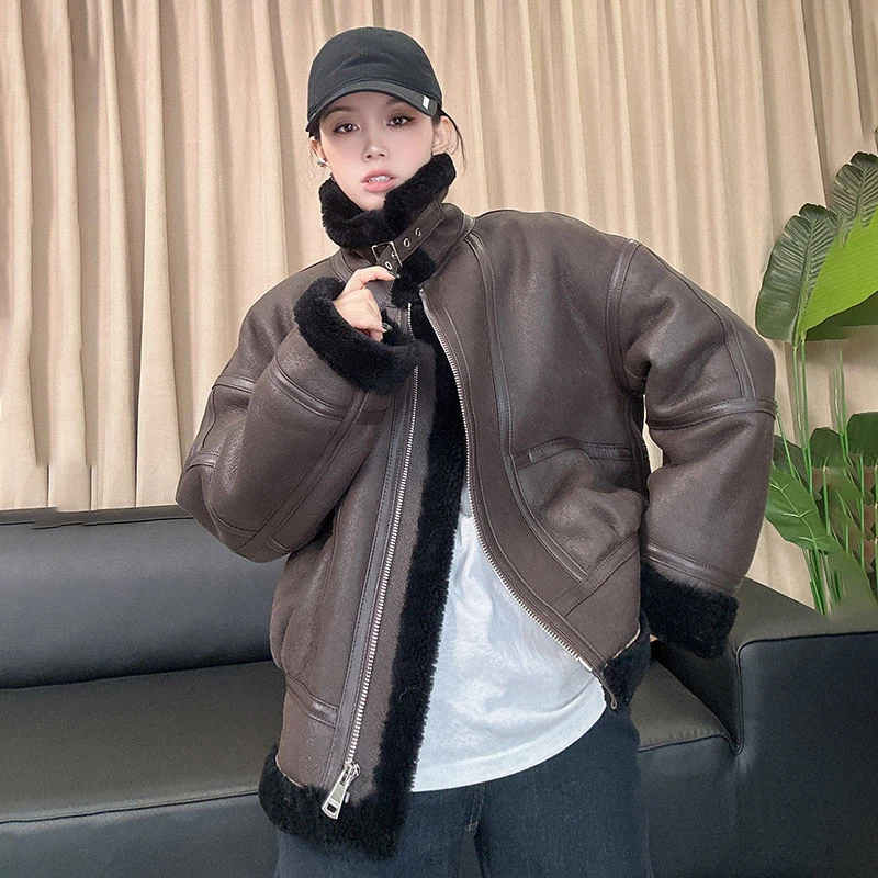 2024冬季新款皮毛一体外套女短款立领机车设计款羊毛夹克皮草百搭