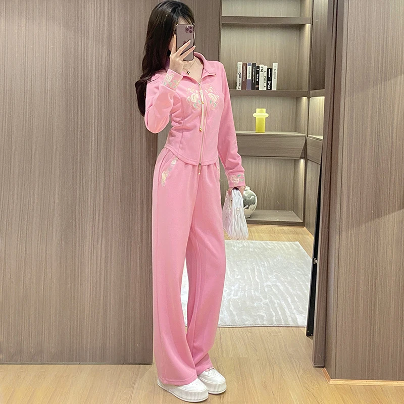 中式刺绣休闲套装女秋季新款时尚外套直筒裤