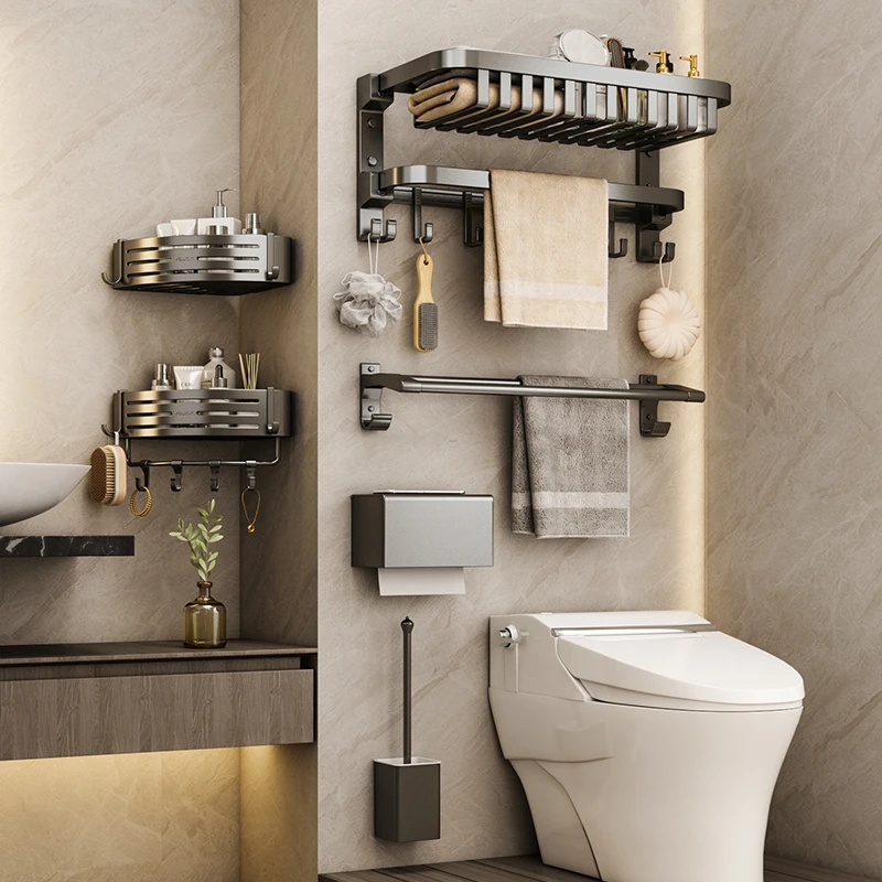 优勤毛巾架免打孔挂卫生间浴巾架浴室黑色置物架卫浴毛巾杆太空铝