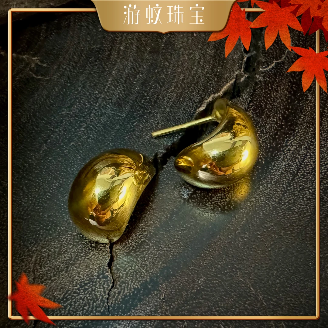 游蚊珠宝足金999黄金月牙腰果耳钉亮面水滴耳饰简约女款纯金送礼