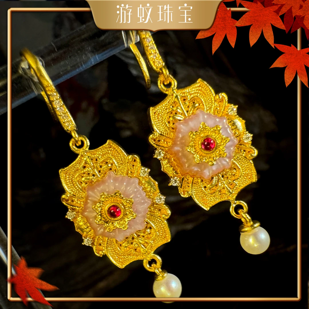 游蚊珠宝足金999黄金点钻金瓯永固耳钩镶嵌耳坠气质国风百搭耳饰