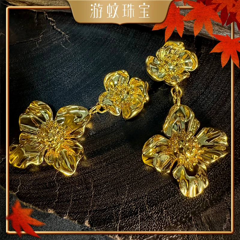 游蚊珠宝足金999黄金花朵耳钉亮面耳饰气质轻奢百搭女款纯金送礼