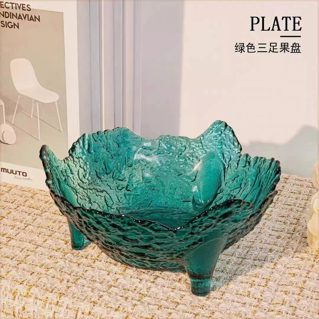 高级墨绿色创意三足碗玻璃水果盘高脚果盘客厅火锅配菜高颜值托盘