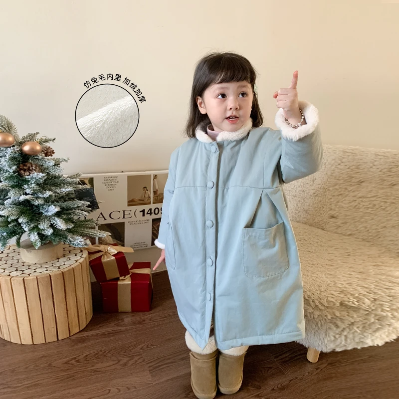 7家原创 秋冬新款儿童中长款拼接加绒夹棉棉服保暖外套女童 D3631