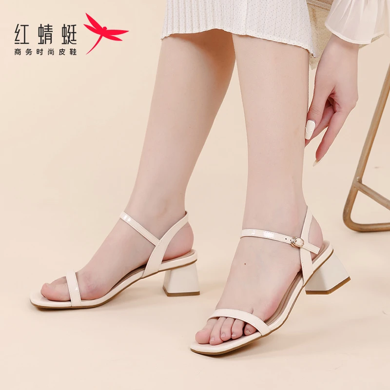 红蜻蜓女鞋时尚气质高跟鞋粗跟一字带中跟凉鞋女2023新款真皮夏季