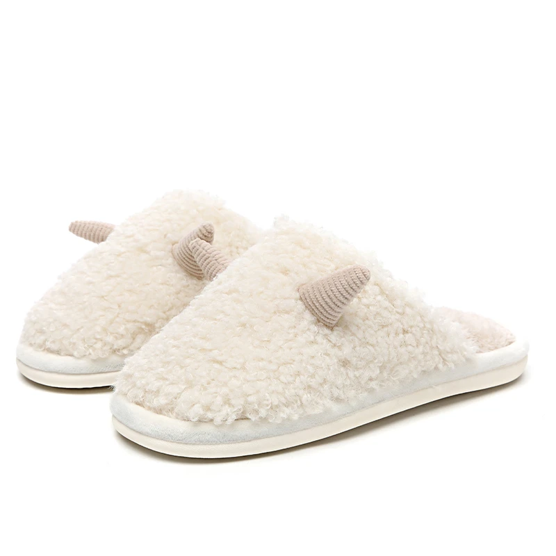 毛绒棉拖鞋情侣款2025年秋新款室内家居鞋羊角可爱拖鞋厚底防滑