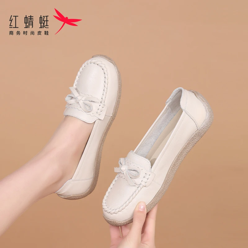红蜻蜓女鞋春款软皮软底白色豆豆鞋一脚蹬懒人皮鞋女百搭牛皮单鞋