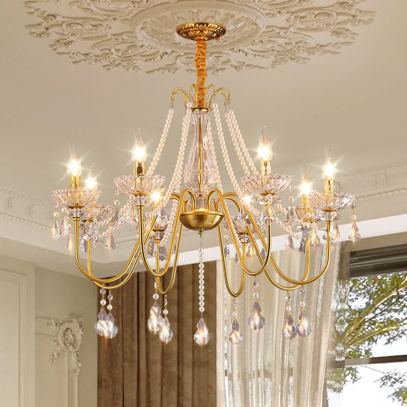 客厅吊灯法式中古风大厅水晶灯美式轻奢珍珠吊链高级感卧室餐厅灯