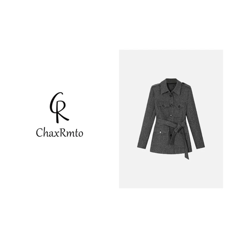 ChaxRmto 小香风时尚千鸟格风衣扣腰带内外套 斯斯19471