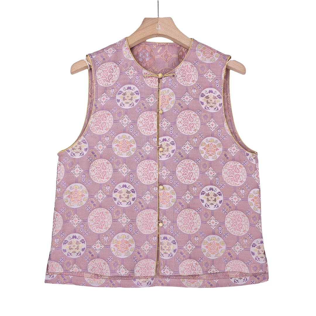 【清月】中国风新中式桑蚕丝马夹日常复古圆领直襟马甲女 51286