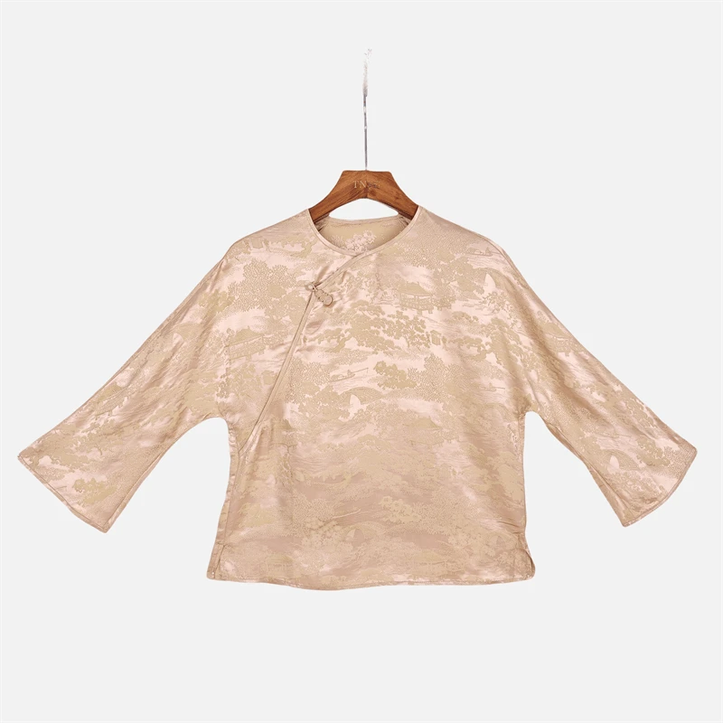 【语汐】桑蚕丝国风气质复古休闲百搭圆领长袖上衣女2313185