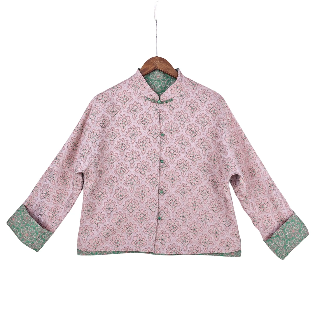 【景月】新中式桑蚕丝气质中国风提花百搭复古对襟立领上衣女 8933