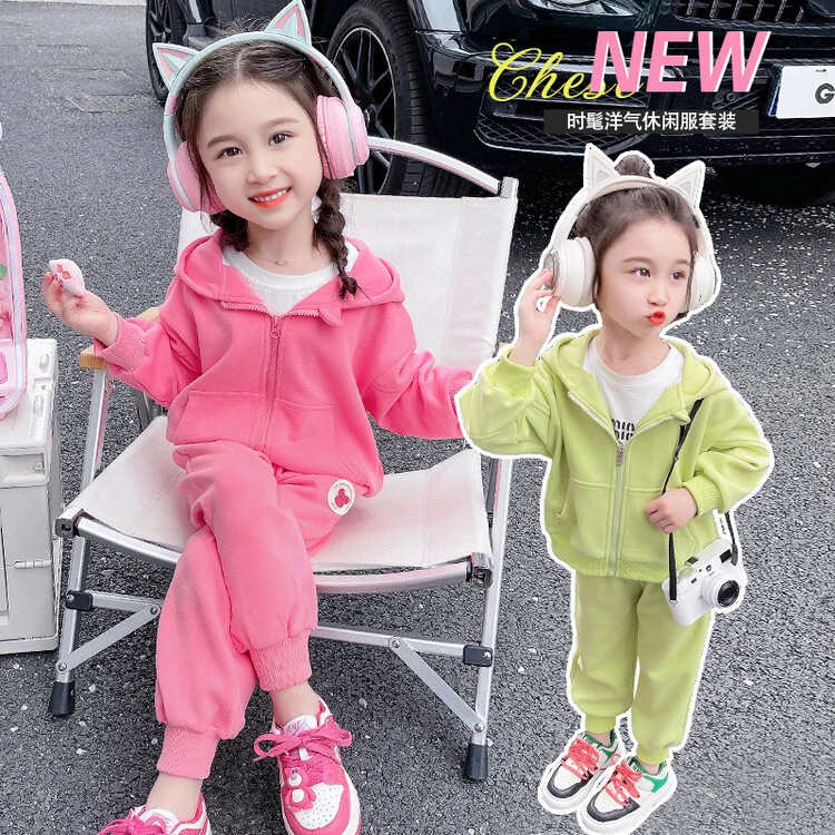 1-9岁女中小童春装套装2024新款韩版儿童休闲卫衣洋气衣服两件套5