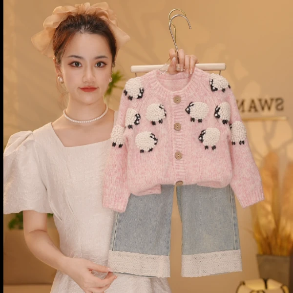 【Y.n7119】新款女童可爱重工针织毛衣外套直筒百搭牛仔裤女宝套装