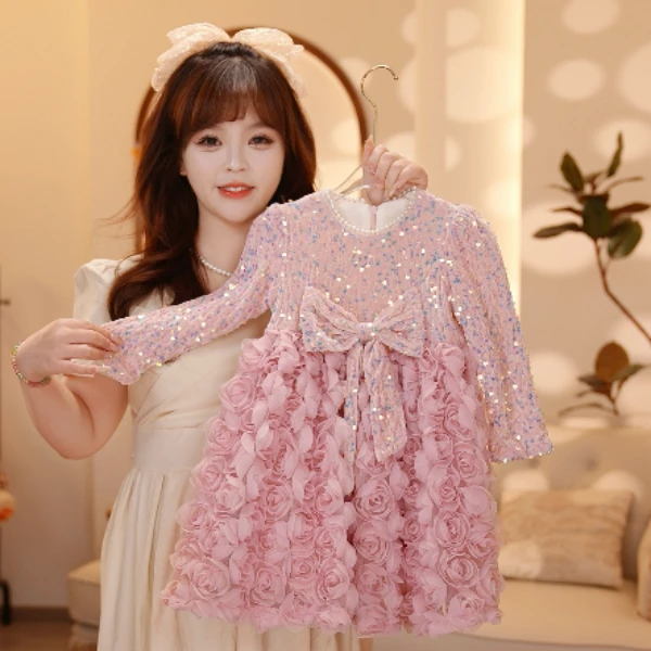 【Y.G096】2024秋季新款超重工亮片裙女宝礼服公主裙洋气连衣裙长袖