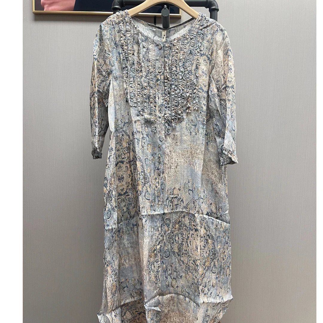 直播专用 孤品苎麻印花宽松气质时尚女士连衣裙