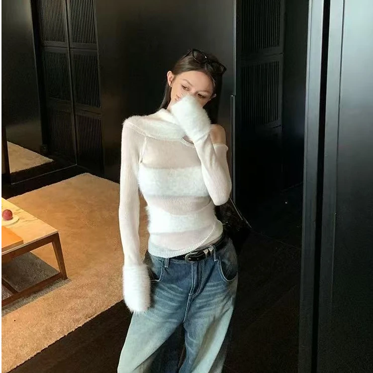 梦梦 MENGMENG｛甜心狩猎 秋冬修身露肩打底拼接毛衫针织上衣}