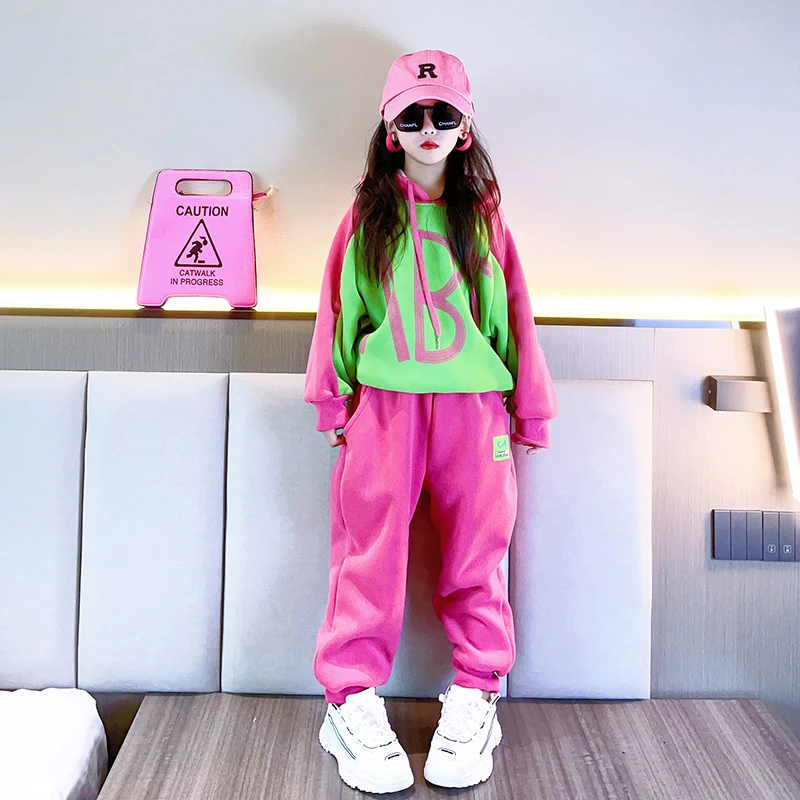 韩版童装女童秋季运动两件套2025秋冬儿童拼色加绒卫衣卫裤套装潮