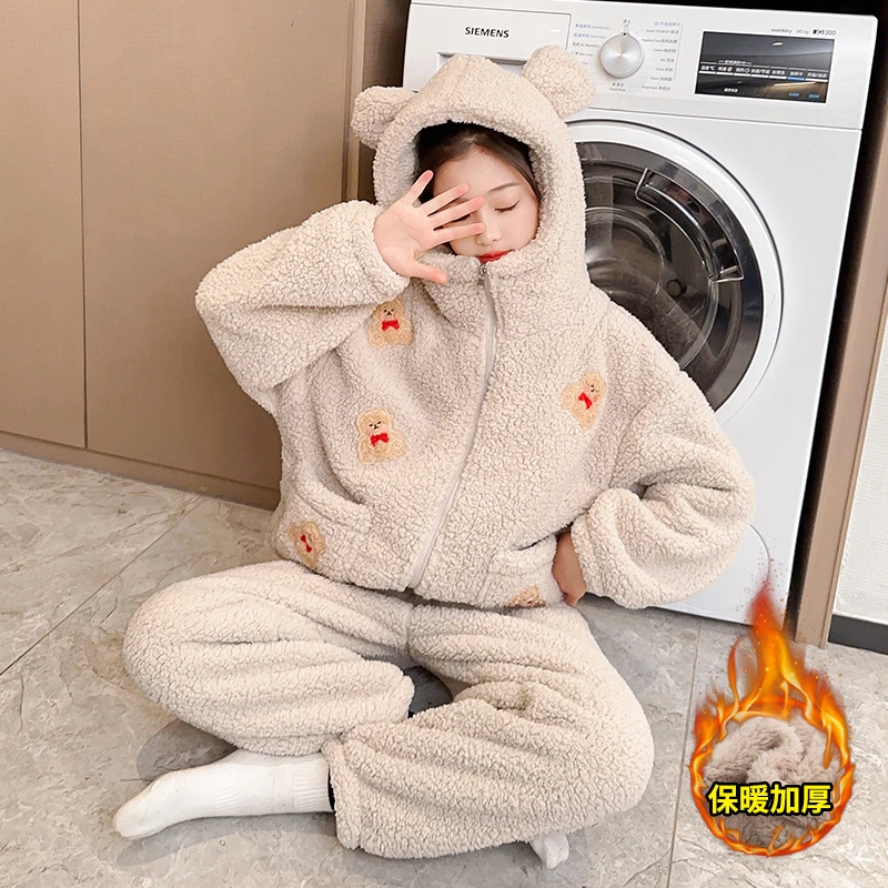 女童法兰绒睡衣冬季儿童女大童女孩秋冬珊瑚绒加厚连帽家居服套装