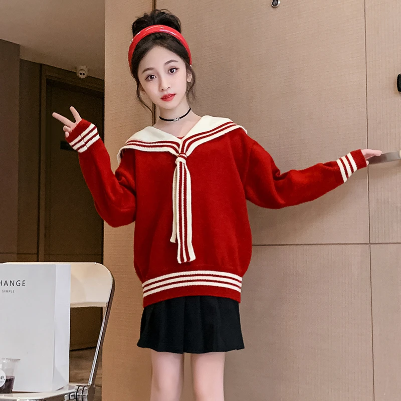 女童毛衣秋冬2024新款洋气女孩针织衫中大儿童海军领加厚针织衫红