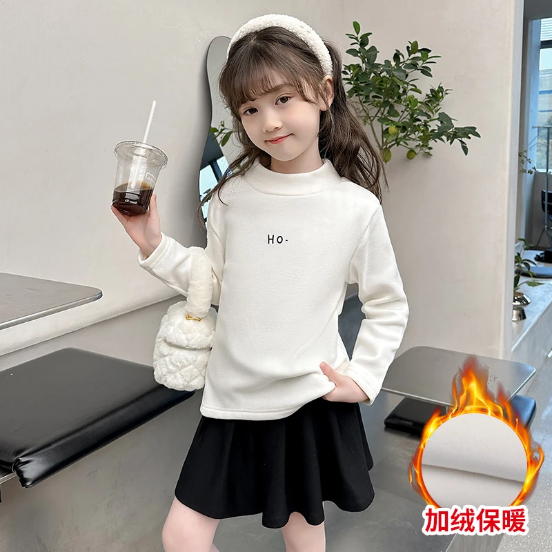 女童加绒打底衫2024新款儿童秋冬白色内搭大童冬季半高领加厚秋衣