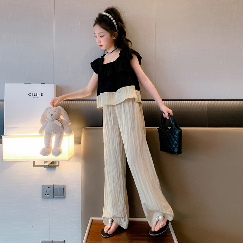 女童套装夏款2025新款洋气大童女孩阔腿裤儿童夏装娃娃衫两件套潮