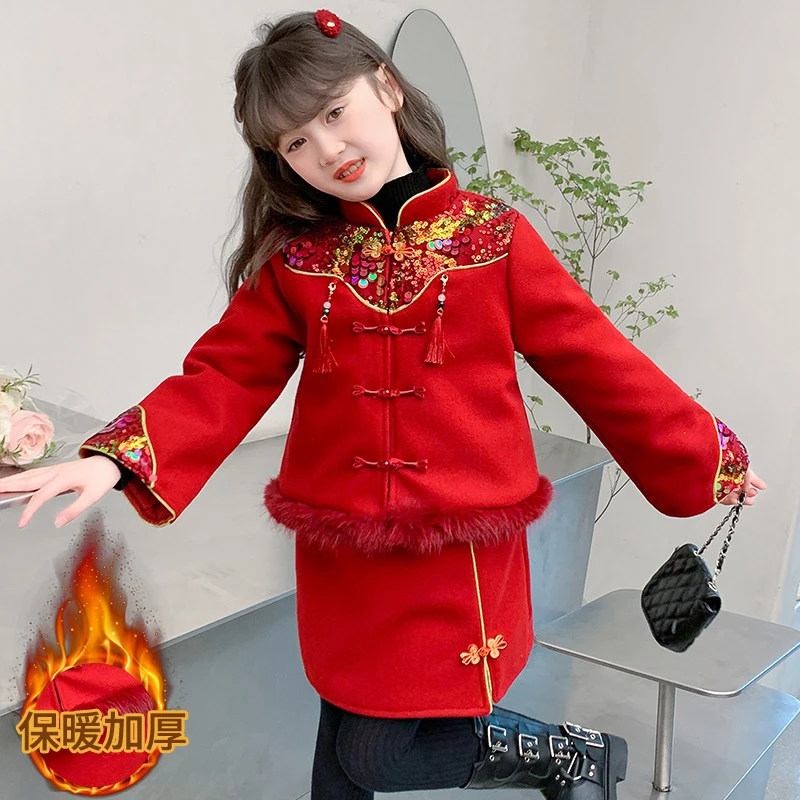 女童拜年服套装加厚大童秋冬过年喜庆红色套裙儿童冬季新中式唐装
