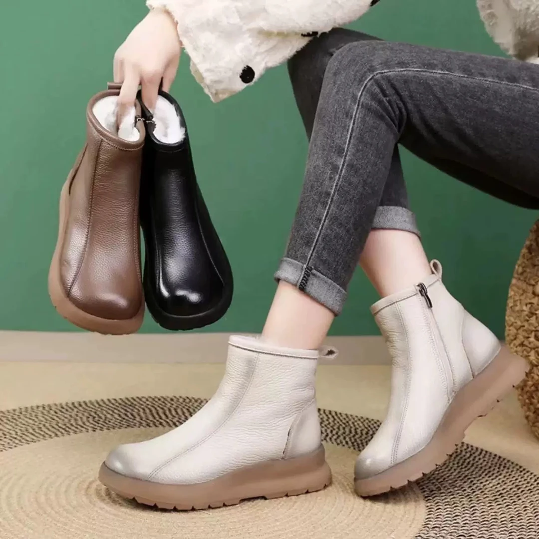 真皮羊毛棉靴厚底短筒靴女冬季加绒保暖短靴软底防滑平底女士棉鞋