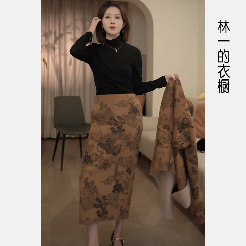 【林一】水墨印象半身裙秋冬新中式大气气质绵羊毛呢子半裙红人上新