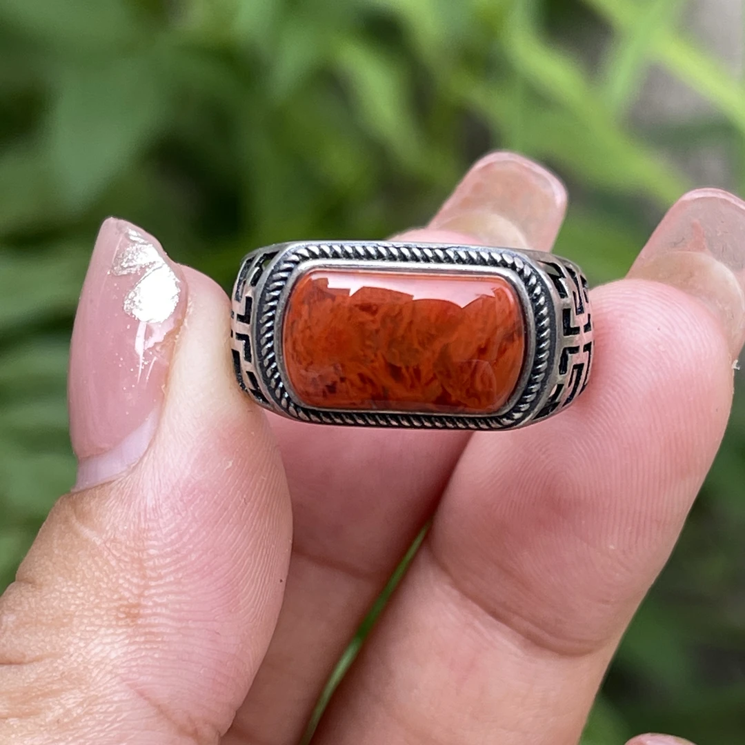 收藏级 南红玛瑙瓦西牛血红火焰纹男戒 颜色红润 高品s925银镶嵌