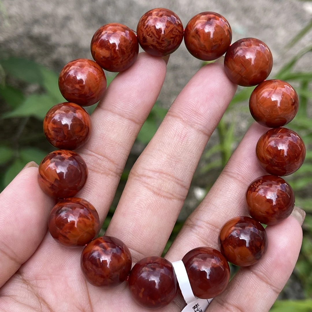 (典藏品) 南红瓦西牛血红妖花火焰纹 颜色红润 品质高阶 尺寸15mm