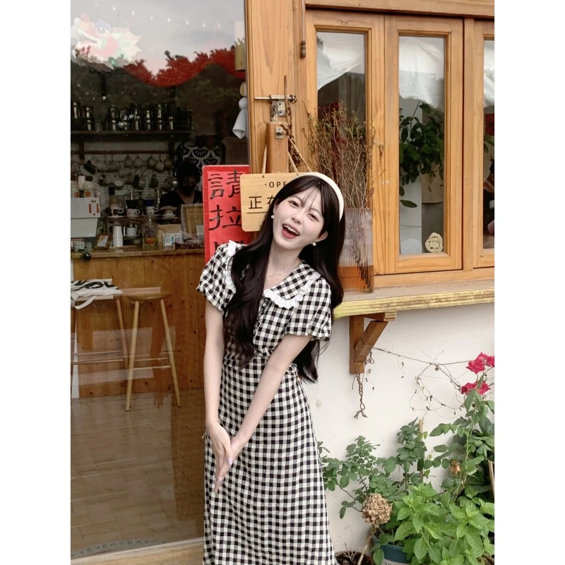 张汽水格子娃娃领甜美学院减龄显瘦收腰拼接连衣裙女DY00039