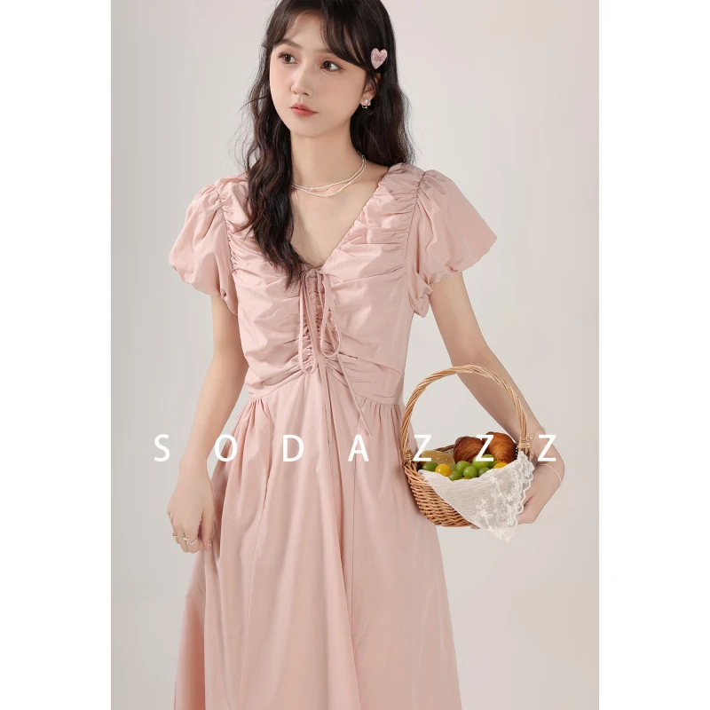 【XIN直播间】夏季新款法式粉色气质收腰裙子设计感系带抽绳连衣裙
