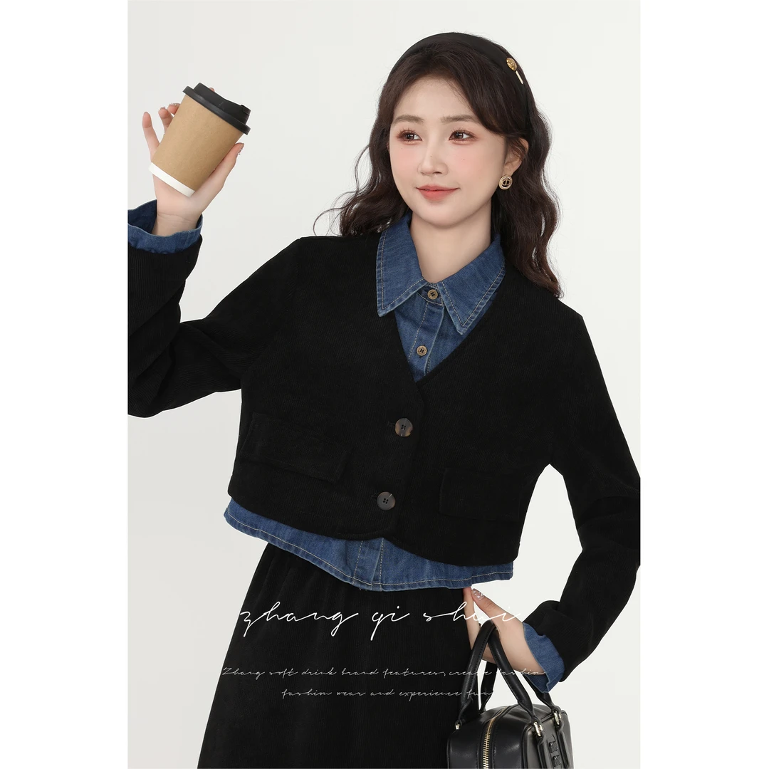 张汽水《懒人福音》秋冬新款黑色假两件上衣高腰半身裙子两件套女