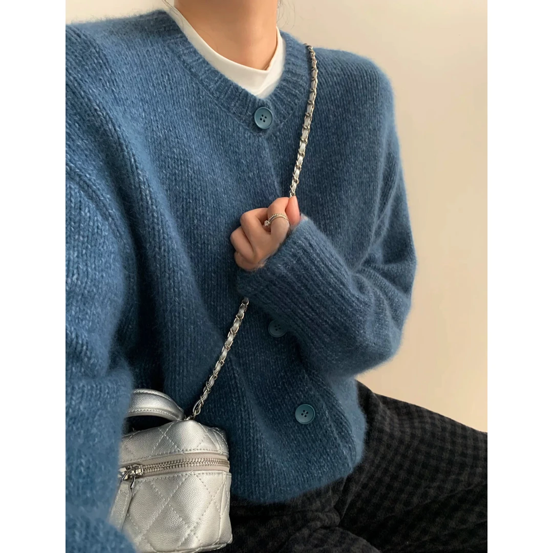 /花纱蓝开衫/圆领单排扣拼接蕾丝针织开衫外套93617