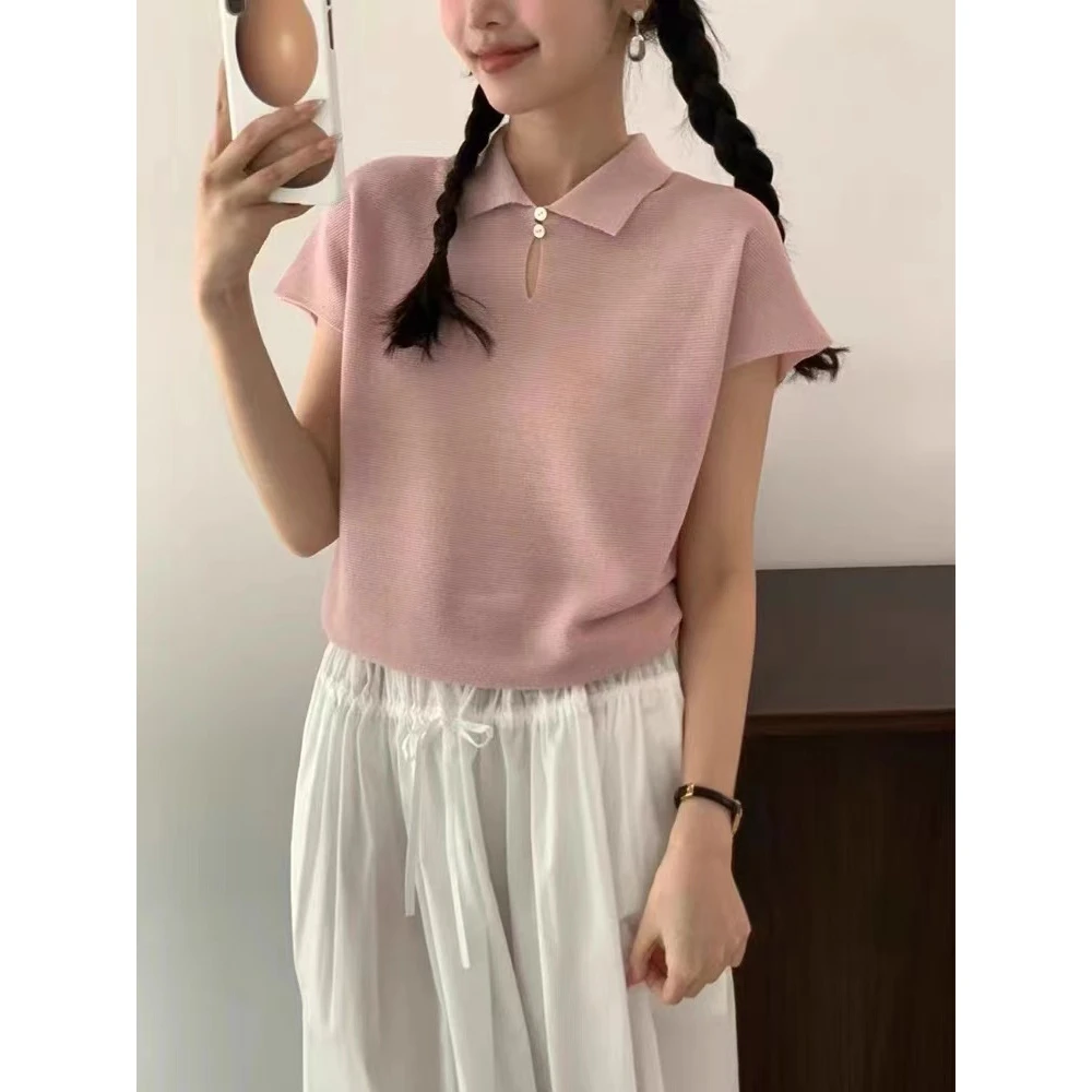 /蔷薇粉/鸡蛋家新款夏季Polo衫针织设计感别致上衣薄款93270
