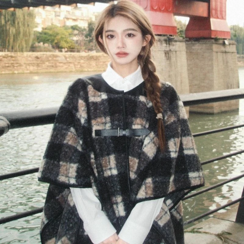 美拉德穿搭复古设计感小众格纹拼接斗篷流苏披肩针织衫外套女20