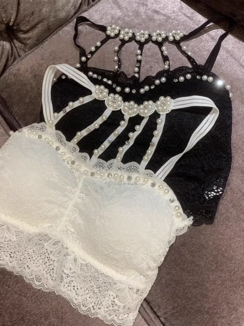 蕾丝钉珠吊带黑白洋气百搭