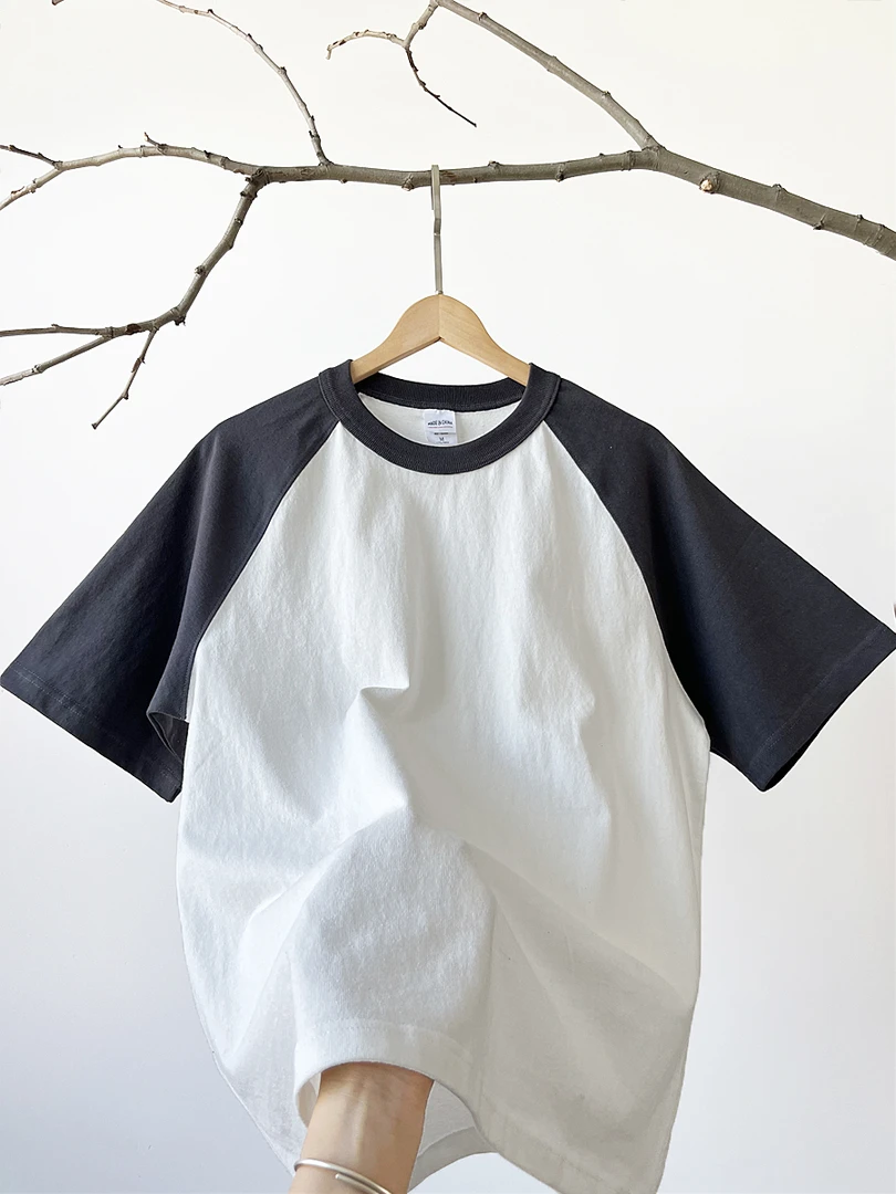 【320g美式复古拼接色短袖 】纯棉做旧撞色圆领百搭牛仔潮流个性T恤